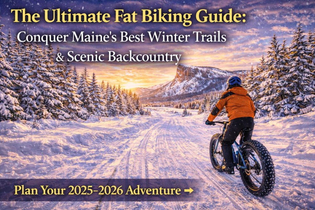 Fat biker riding a snow-covered trail in the Maine Highlands at sunset with mountain views, promoting The Ultimate Fat Biking Guide 2025–2026 winter season.