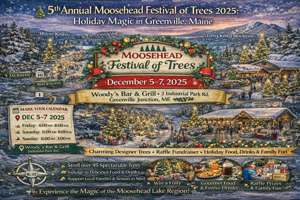 5th Annual Moosehead Festival of Trees 2025 in Greenville Maine featuring decorated Christmas trees at Woody’s Bar & Grill with snowy Moosehead Lake and Mount Kineo backdrop.