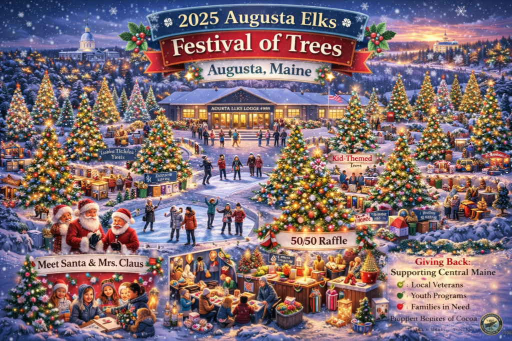 Illustrated 2025 Augusta Elks Festival of Trees at Augusta Elks Lodge #964 in Augusta Maine featuring decorated Christmas trees, 50/50 raffle, Santa and Mrs. Claus, snowy Kennebec River backdrop and festive holiday crowd.
