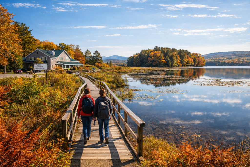Fields Pond Audubon Center in Holden Maine featuring forest trails, wetlands, and a scenic pond surrounded by vibrant fall foliage