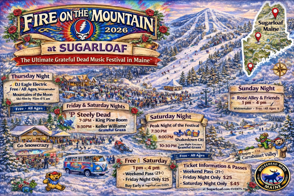 Fire On The Mountain 2026 at Sugarloaf illustrated 16:9 event map in Carrabassett Valley, Maine