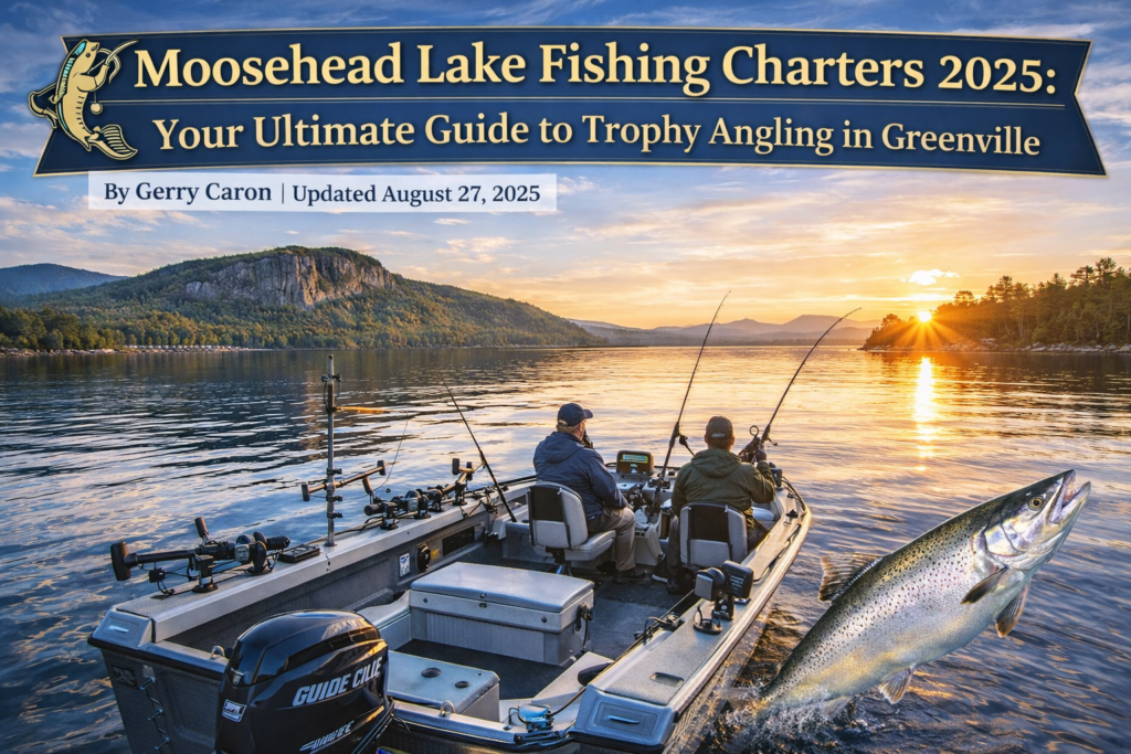 Two anglers fishing at sunrise on Moosehead Lake in Greenville, Maine with Mount Kineo in the background and trophy landlocked salmon during a guided fishing charter.