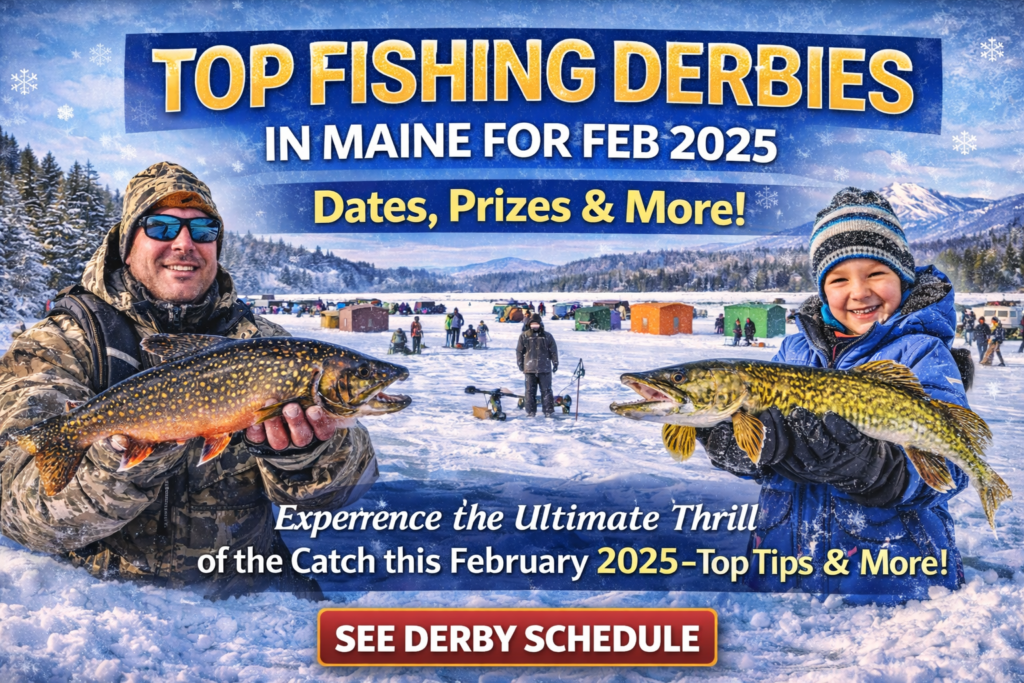 Ice fishing derby on a frozen Maine lake with anglers, tip-ups, ice shacks, and snow-covered mountains during February winter events.