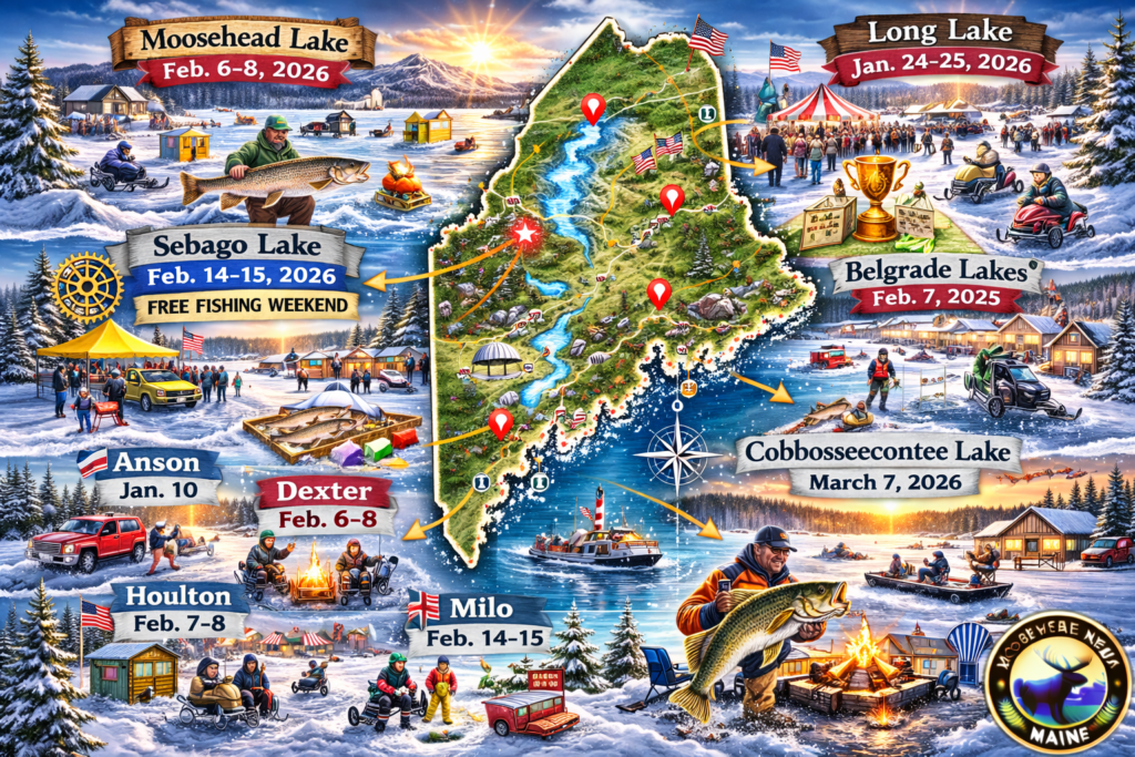 Illustrated 16:9 map of Maine highlighting 2026 ice fishing derbies at Moosehead Lake, Sebago Lake, Long Lake, Belgrade Lakes, Cobbosseecontee Lake, and community winter events with anglers, snowmobiles, and trophy fish scenes.