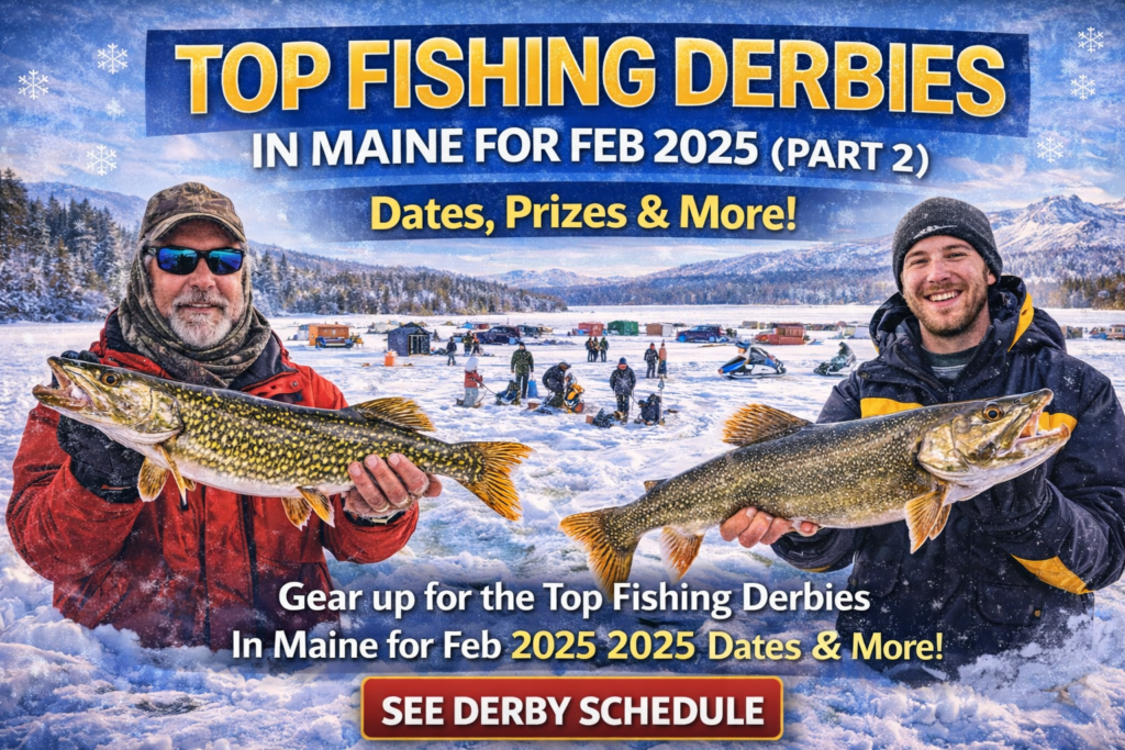 Ice anglers competing during a February Maine ice fishing derby on a frozen lake surrounded by snowy forests and winter mountains