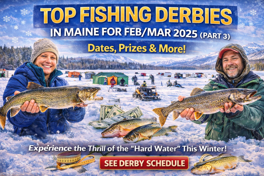 Ice fishing derby on a frozen Maine lake with anglers, tip-ups, ice shacks, and snow-covered forests under a winter sky