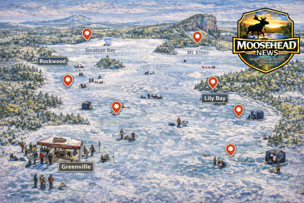 Winter map illustration of Moosehead Lake in Maine during the 2026 ice fishing derby showing Greenville, Rockwood, Lily Bay, Mt Kineo, and anglers ice fishing across frozen lake with Moosehead News logo.