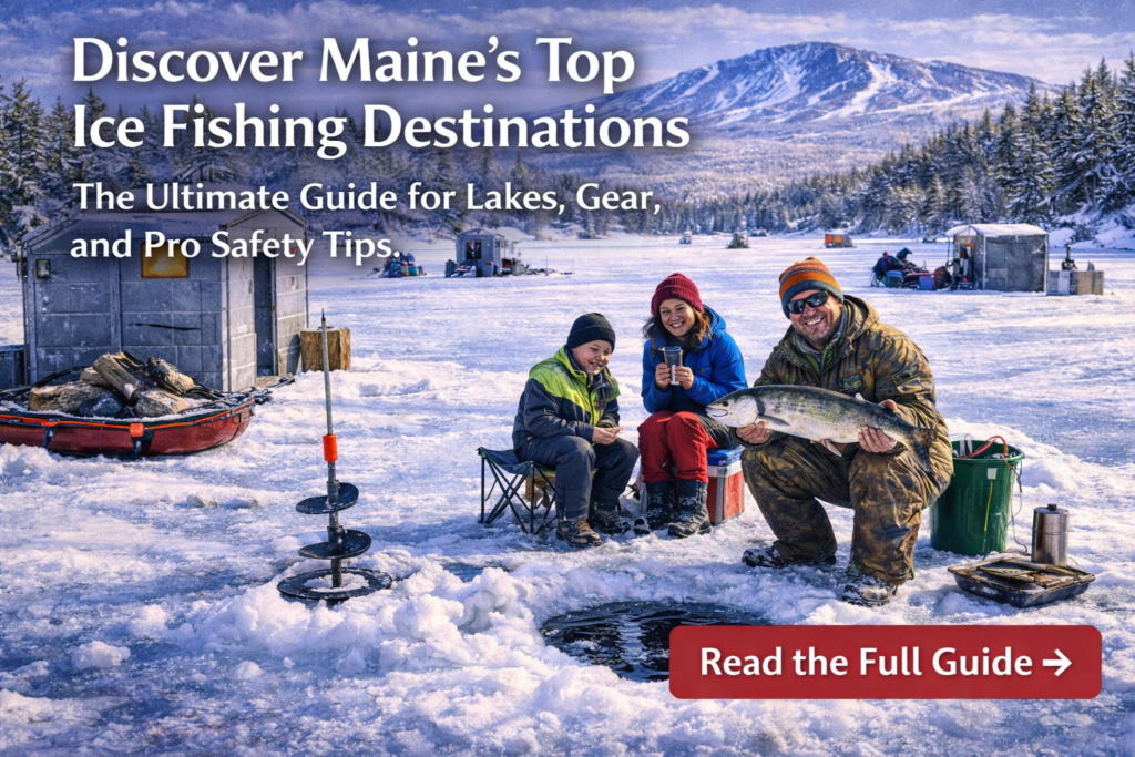 Anglers ice fishing on a frozen Maine lake surrounded by snow-covered forests and mountains during winter.