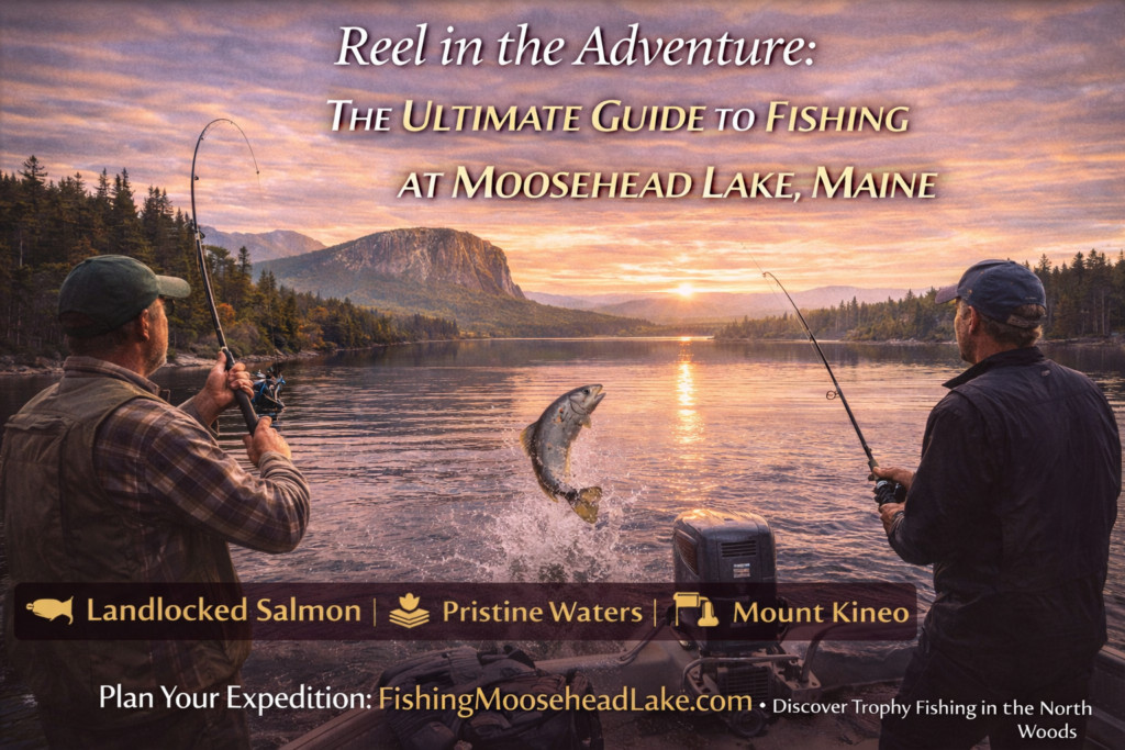 Angler fishing on Moosehead Lake in Maine with Mount Kineo in the background during a calm morning on the water