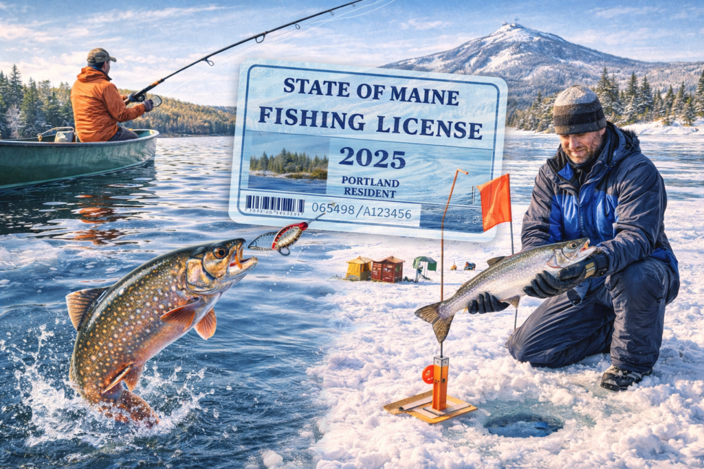 Anglers fishing in Maine during open water and ice fishing seasons with a frozen lake, wooded shoreline, and fishing gear representing Maine inland fishing laws for 2025.