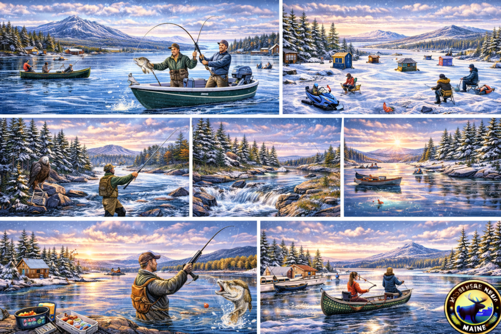 Panoramic 16:9 illustrated map-style collage of Maine inland fishing including boat fishing on Moosehead Lake, ice fishing huts in winter, fly fishing rivers, and scenic North Woods landscapes with Moosehead News logo.