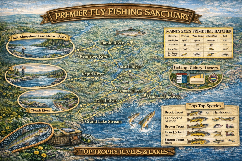 Illustrated map of Maine highlighting premier fly fishing rivers, lakes, and hatch seasons, including Kennebec River, Rapid River, Roach River, and Moosehead Lake in vibrant natural colors.