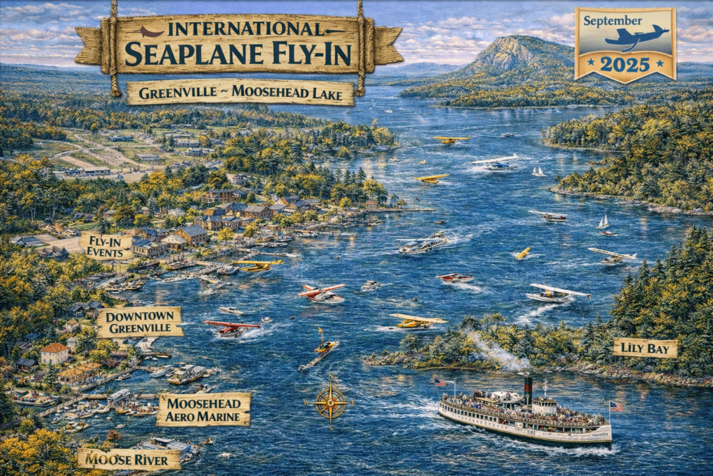Illustrated aerial map of Moosehead Lake in Greenville, Maine during the 2025 International Seaplane Fly-In, featuring seaplanes on the water, Greenville waterfront, Burnt Jacket Mountain, and fall foliage colors.