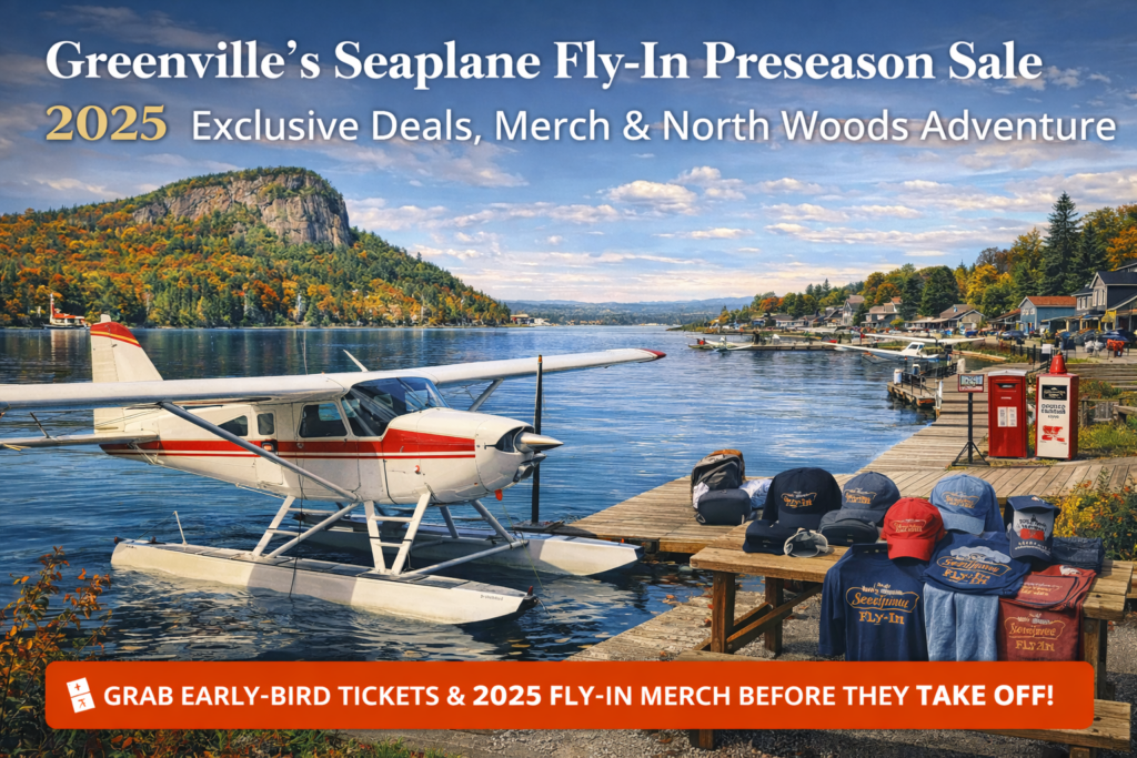 Seaplane docked on Moosehead Lake in Greenville Maine with Mount Kineo and fall foliage during the 2025 Seaplane Fly-In Preseason Sale event.