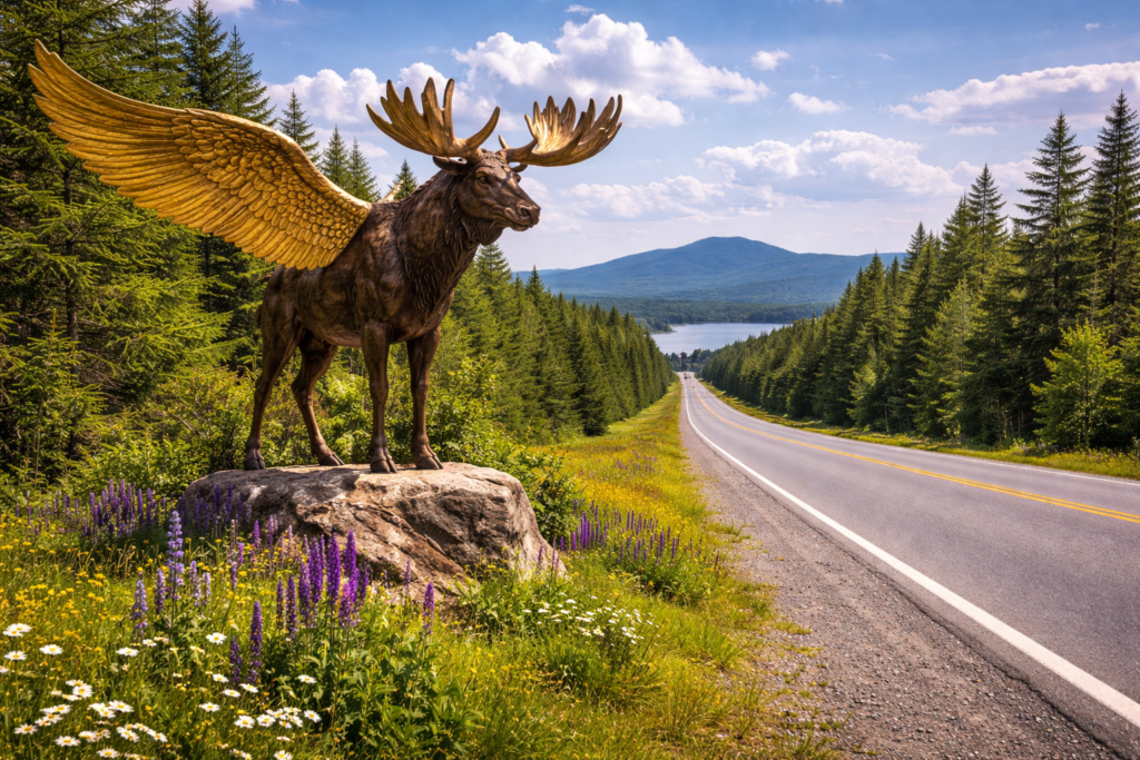 Flying Moose roadside sculpture on SR15 in Maine with forest backdrop and clear blue sky near Moosehead Lake
