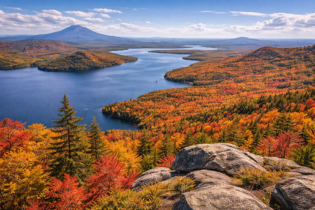 Autumn foliage reflecting on a calm lake in the Maine Highlands with colorful fall trees and mountain ridgelines under clear skies.