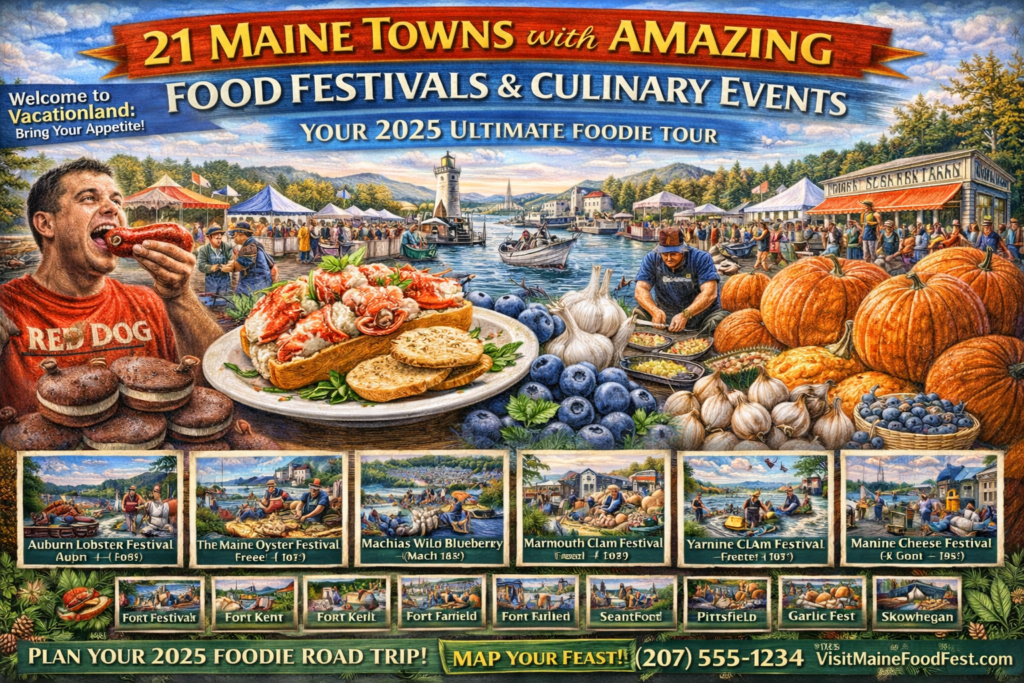 Vibrant 16:9 promotional illustration of Maine food festivals featuring a lobster roll, whoopie pies, wild blueberries, garlic, pumpkins, and seafood vendors at a coastal harbor festival with lighthouse and tents representing towns like Rockland, Freeport, Machias, and Yarmouth.