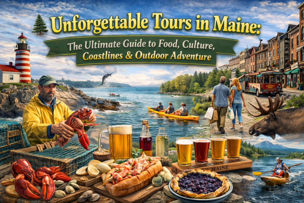Collage of Maine tours featuring Portland Head Light lighthouse, lobster boat experience, Old Port Portland trolley, whale watching in the Gulf of Maine, kayaking along rocky coastline, Maine craft beer flight, wild moose, and Moosehead Lake wilderness.