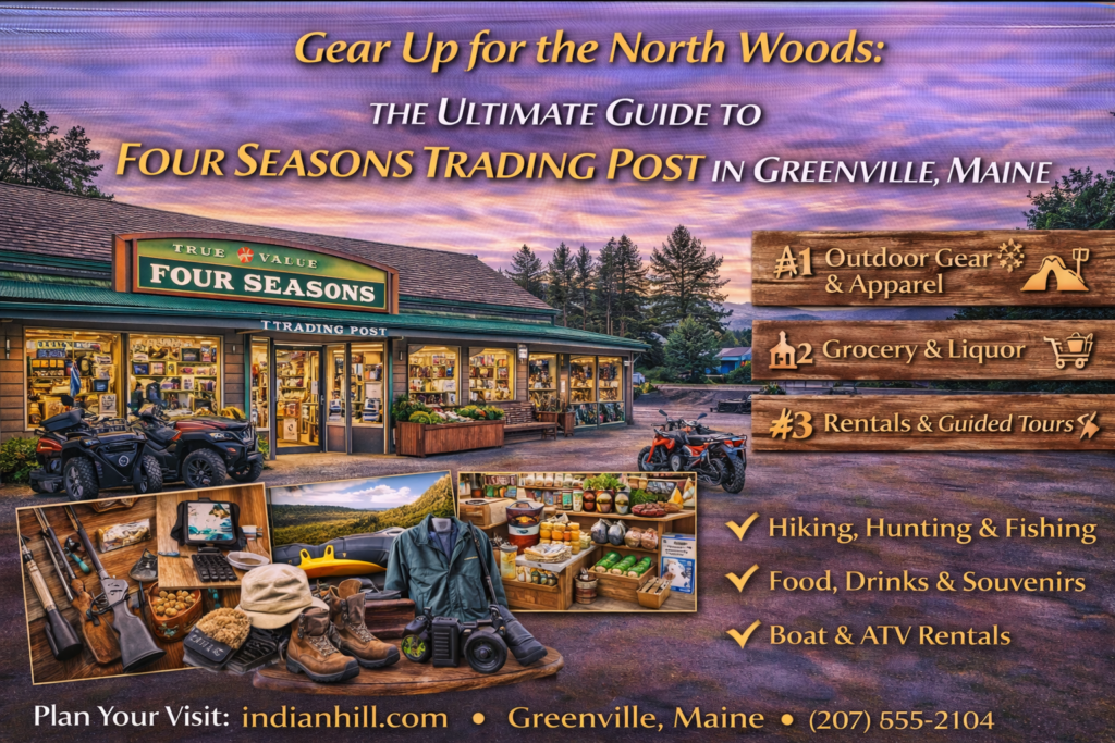 Four Seasons Trading Post in Greenville, Maine offering outdoor gear, groceries, and rentals near Moosehead Lake in the Maine Highlands.