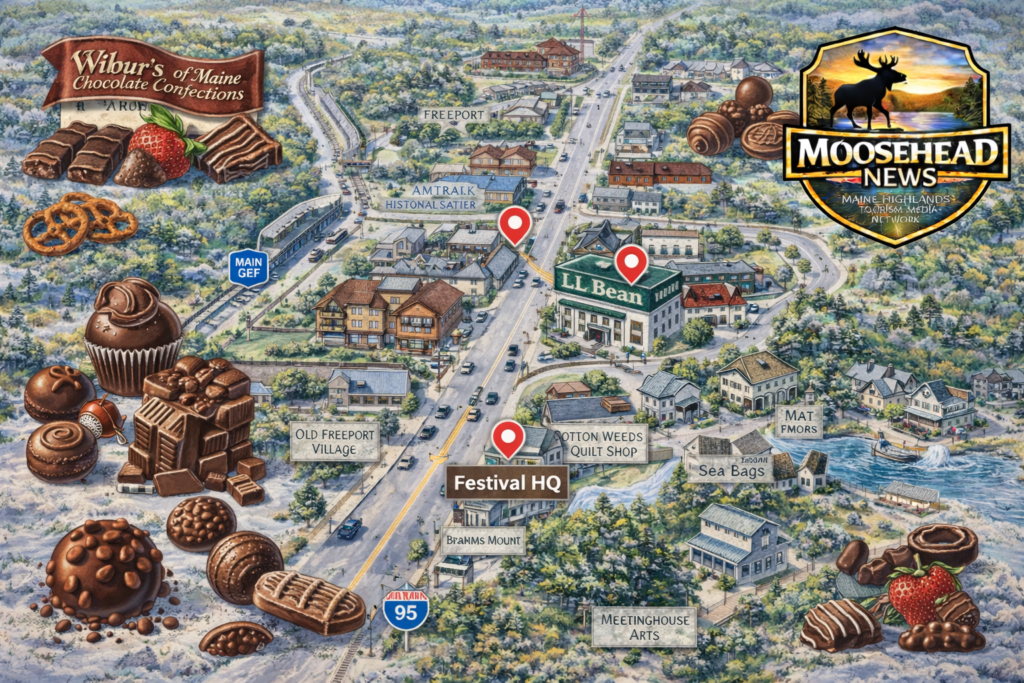 Illustrated map of downtown Freeport Maine featuring Wilbur’s of Maine, LL Bean, Festival HQ, and chocolate treats during the 2026 Freeport Chocolate Festival, Moosehead News logo visible.