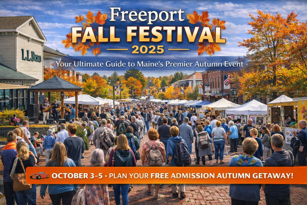 Large crowd walking along brick sidewalks at the Freeport Fall Festival 2025 in downtown Freeport, Maine, with colorful autumn foliage, artist booths, and L.L.Bean storefront in the background.