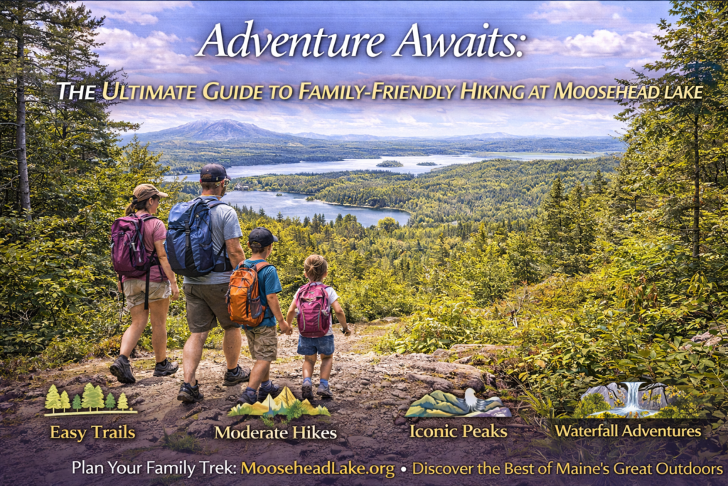 Family hiking together on a scenic forest trail near Moosehead Lake, Maine, with lake views and mountains in the background