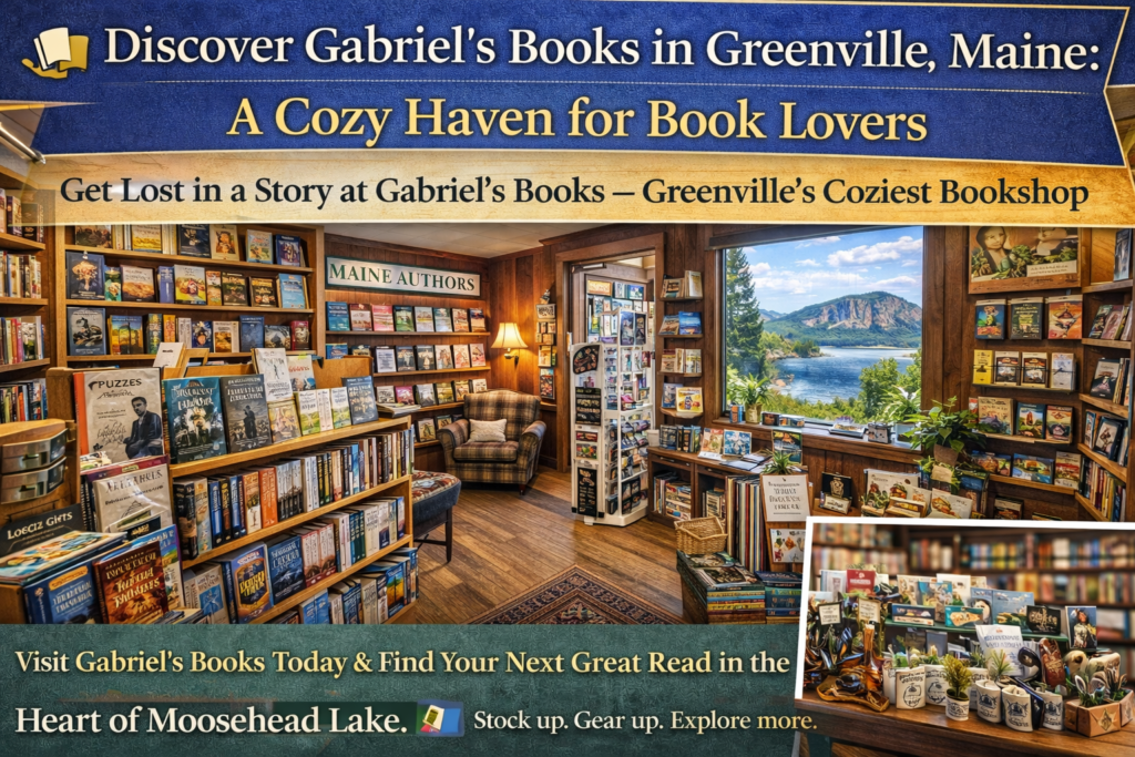 Cozy interior of Gabriel’s Books in downtown Greenville Maine featuring shelves of local Maine authors, a reading nook, and scenic Moosehead Lake and Mount Kineo view through the window.