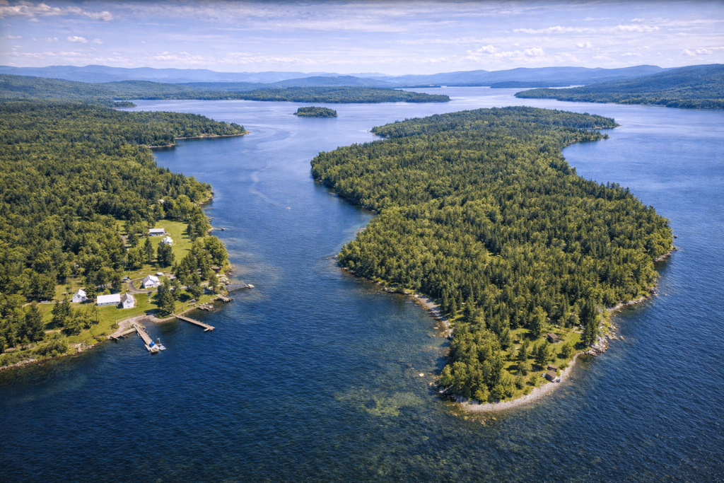 Aerial wilderness map view of Chesuncook Village and Gero Island on Chesuncook Lake in Maine Highlands, featuring forested shoreline, remote campsites, logging-era village structures, and vast North Woods scenery.