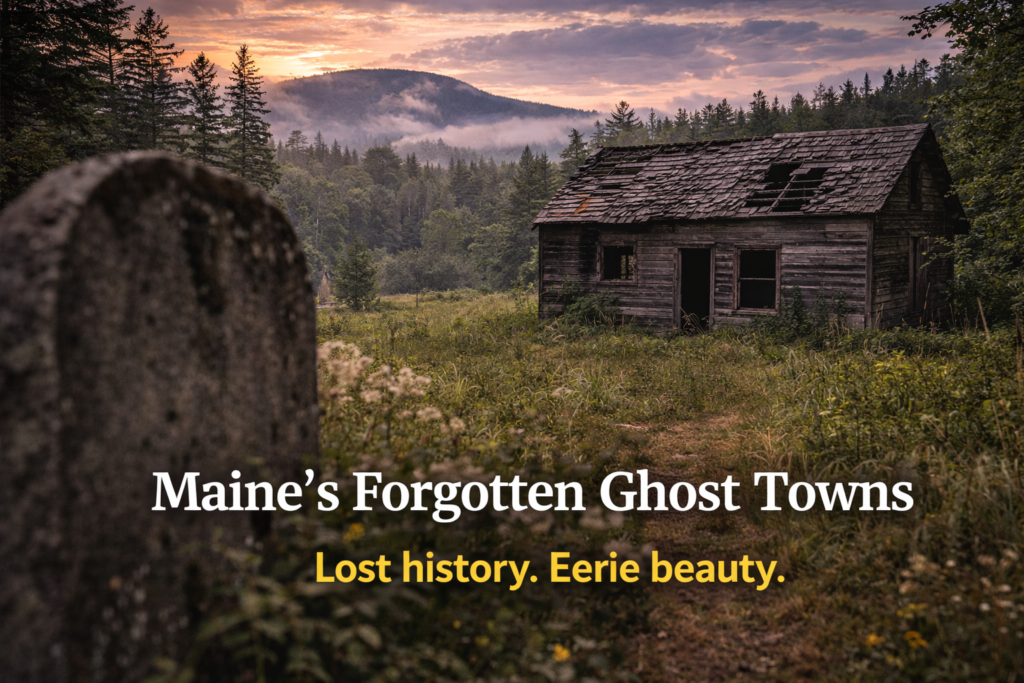 Abandoned cabin hidden in the Maine woods, representing one of Maine’s historic ghost towns surrounded by forest and wilderness.