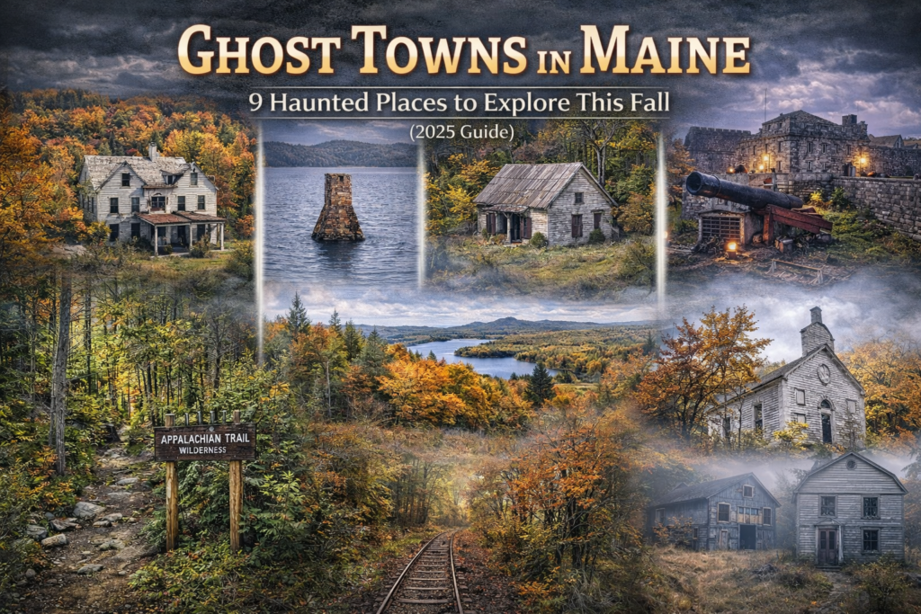 Composite 16:9 promotional image of Maine ghost towns including abandoned foundations, forest-covered ruins, and historic coastal forts during colorful fall foliage in Maine.