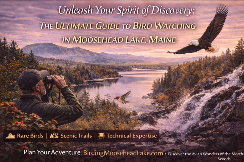 Birdwatchers observing bald eagles and loons along the shoreline of Moosehead Lake in Maine’s North Woods during spring migration