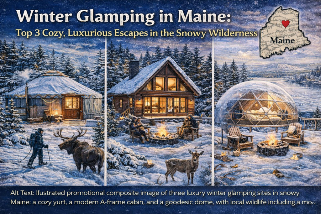 Illustrated composite image of luxury winter glamping in Maine featuring a cozy heated yurt, a rustic A-frame cabin, and a modern geodesic dome glowing warmly in snowy wilderness landscapes, with moose and deer nearby and winter activities like snowshoeing and fireside relaxation.