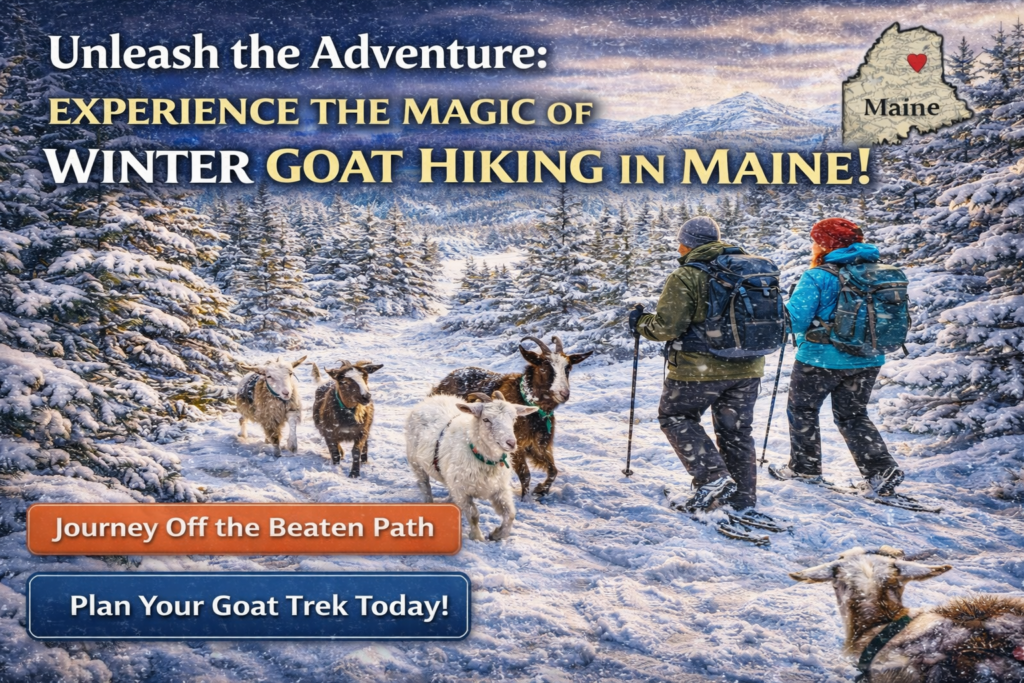 Promotional winter image of goat hiking in Maine showing two hikers trekking through a snow-covered forest alongside a small herd of goats, highlighting a playful, guided winter goat hiking adventure in a scenic woodland setting.