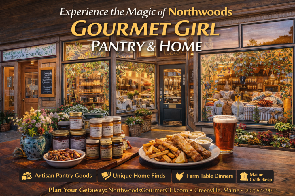 Rustic storefront of Northwoods Gourmet Girl Pantry & Home in downtown Greenville, Maine, featuring hand-painted windows, artisanal pantry goods, and North Woods-inspired home decor.