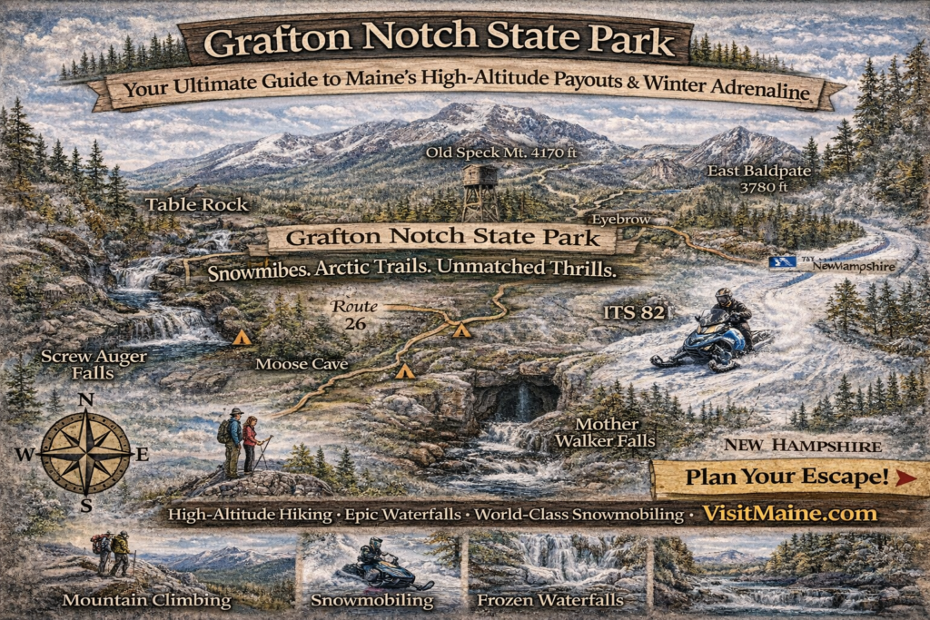 Illustrated map of Grafton Notch State Park showing major hiking trails, waterfalls, mountain peaks, and winter snowmobile routes in western Maine.