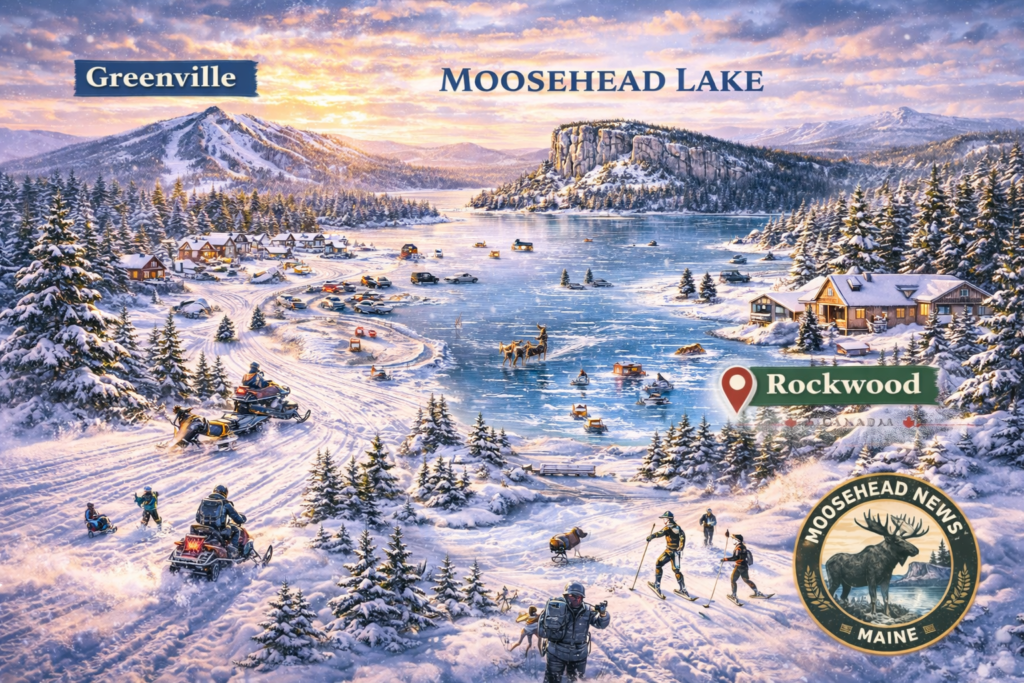 Illustrated winter map of Moosehead Lake featuring Greenville and Rockwood, Maine, with Mount Kineo, snowmobiling on ITS 66, dog sledding, ice fishing, and winter activities across a frozen lake during the 2026 season.