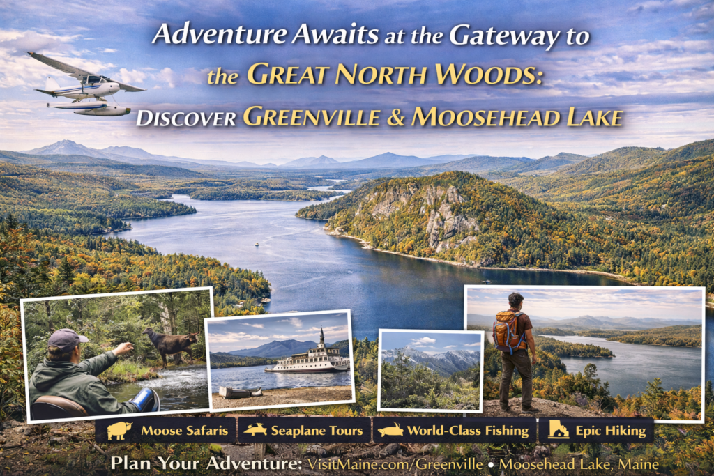 Panoramic view of Moosehead Lake near Greenville, Maine with mountains, forest shoreline, and outdoor adventurers kayaking and hiking under clear skies.