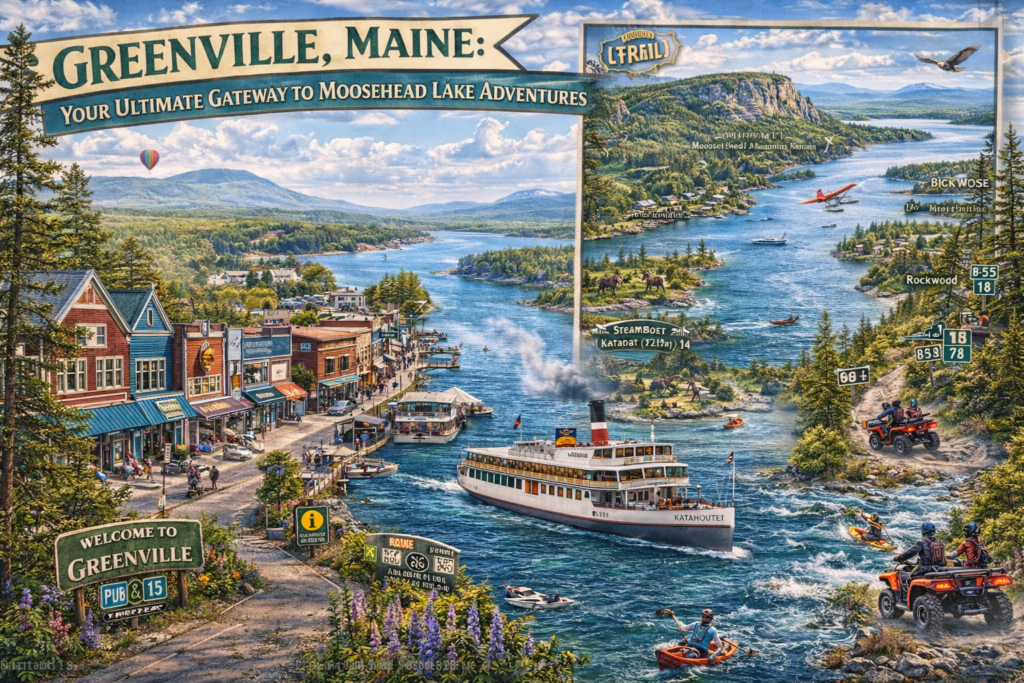 Downtown Greenville, Maine overlooking Moosehead Lake with the historic Steamboat Katahdin cruising the water, seaplanes overhead, kayakers, ATV trails, and Mount Kineo in the Maine Highlands.