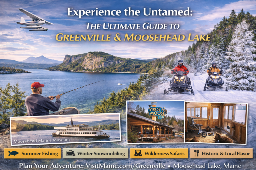 A wide-angle summer view of Moosehead Lake near Greenville, Maine, showing calm blue water, forested mountains, and a small lakeside town at the edge of the North Woods.