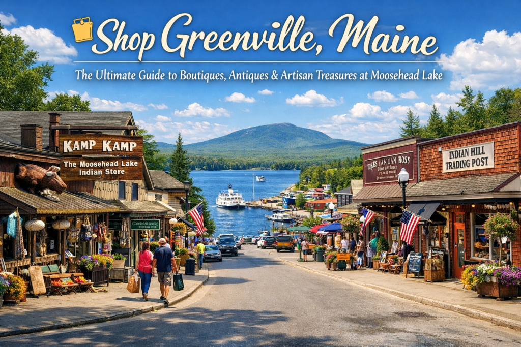 Downtown Greenville Maine shopping district with Kamp Kamp and Indian Hill Trading Post storefronts overlooking Moosehead Lake and mountains on a sunny summer day.