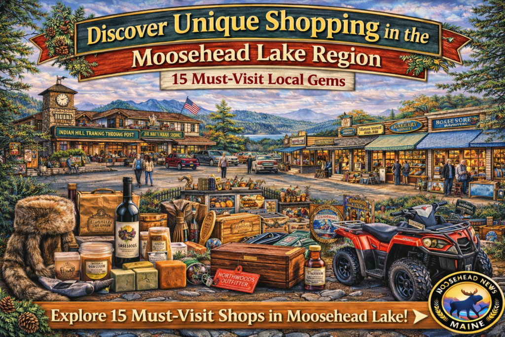 Downtown Greenville Maine shopping scene featuring local boutiques, artisan storefronts, Moosehead Lake waterfront views, and North Woods mountain backdrop.