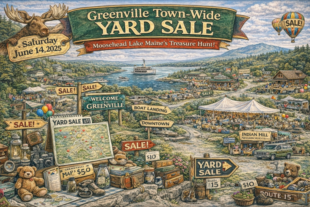 Illustrated 16:9 event map of Greenville Town-Wide Yard Sale 2025 in Greenville, Maine, showing Moosehead Lake, downtown neighborhoods, yard sale stops, vintage treasures, and scenic North Woods mountains.