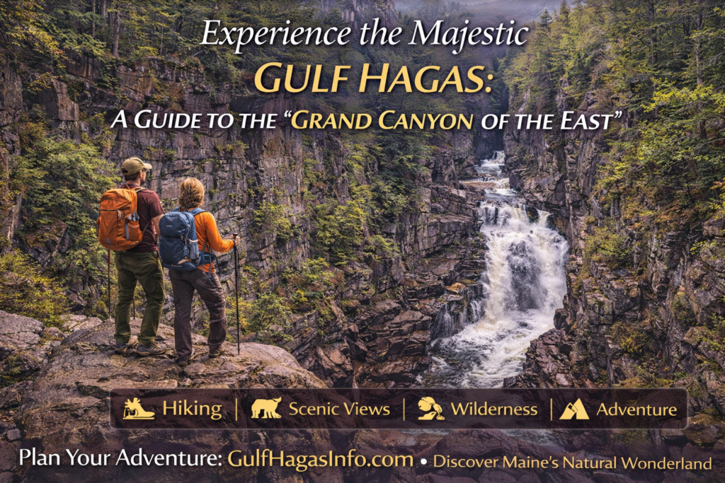 Hikers exploring Gulf Hagas in Maine, the Grand Canyon of the East, with dramatic slate cliffs, waterfalls, and the Pleasant River flowing through the gorge.