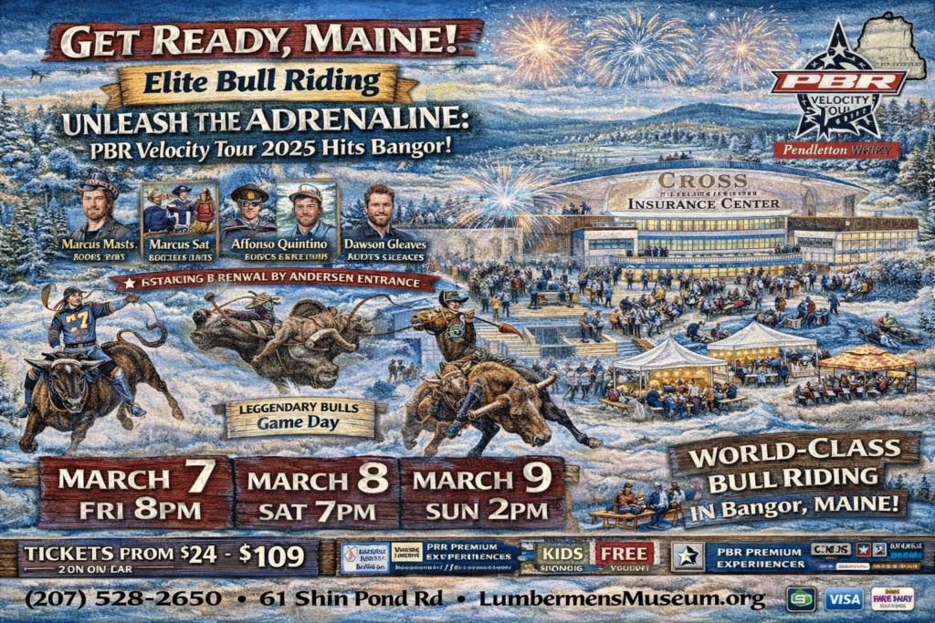 Illustrated event map of the PBR Velocity Tour 2025 at the Cross Insurance Center in Bangor showing elite bull riding action, world-class riders and bulls, event dates March 7–9, arena layout, crowds, fireworks, and high-energy entertainment scenes.