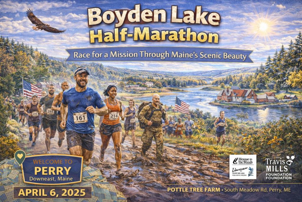 Runners competing in the Boyden Lake Half-Marathon in Perry, Maine, following a scenic lakeside course through forests and rolling hills during spring 2025.