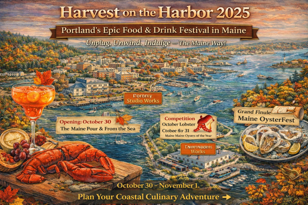 Illustrated promotional map of Harvest on the Harbor 2025 in Portland, Maine, featuring Casco Bay waterfront, Maine lobster, oysters, craft cocktails, autumn foliage, and festival highlights at Maine Studio Works from October 30–November 1.