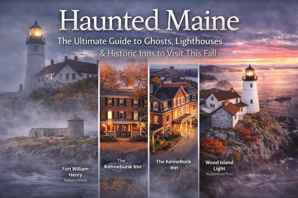 Foggy Maine lighthouse at dusk overlooking rocky coastline with autumn foliage, historic haunted inn glowing warmly, and moonlit ocean waves creating an eerie fall atmosphere.