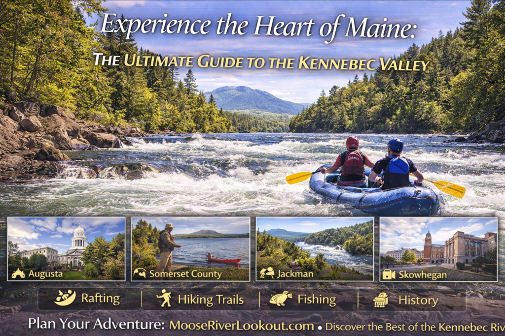 Kennebec Valley Maine scenic view showing river, forested mountains, and outdoor recreation in central Maine