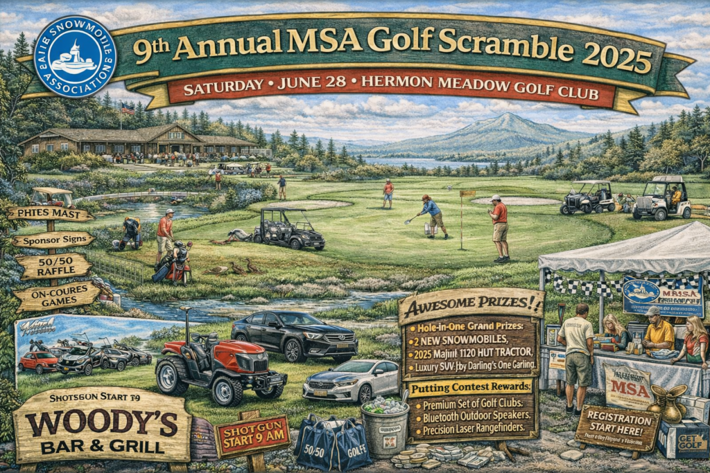Illustrated event map of Hermon Meadow Golf Club in Hermon, Maine for the 2025 Maine Snowmobile Association Golf Scramble, showing golf course layout, clubhouse, prize holes, parking areas, and scenic central Maine landscape.