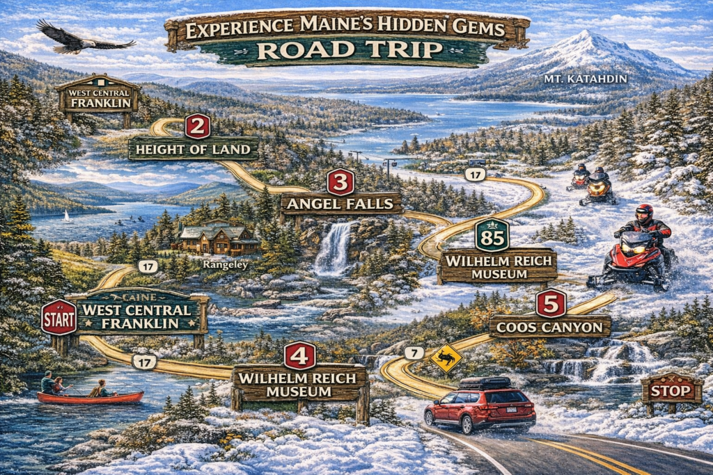 llustrated scenic road trip map highlighting Maine’s hidden gems including Rangeley Lakes, Height of Land, Angel Falls, Smalls Falls, and Coos Canyon with mountains, lakes, forests, and winding roads.